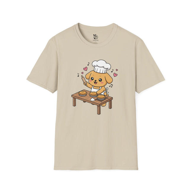 Cute Puppy Chef Soft Cotton Unisex T-Shirt in Sand .