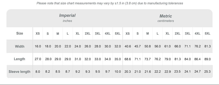 Measurement chart for the graphic t-shirts comparing chest width, length, and sleeve length in inches and centimeters.