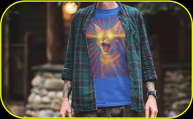 Person wearing a blue t-shirt with a colorful cat design and a plaid shirt over it.