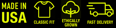 Icons depicting Made in USA, Classic Fit, Ethically Grown and Fast Delivery