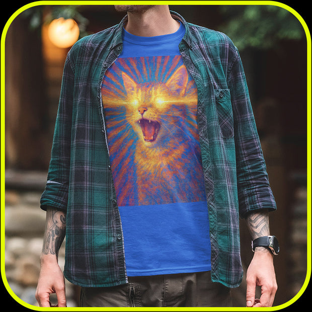 Person wearing a blue t-shirt with a colorful cat design and a plaid shirt over it.
