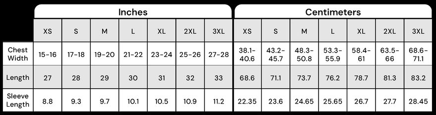 Measurement chart for the patterned polyester jerseys comparing chest width, length, and sleeve length in inches and centimeters.